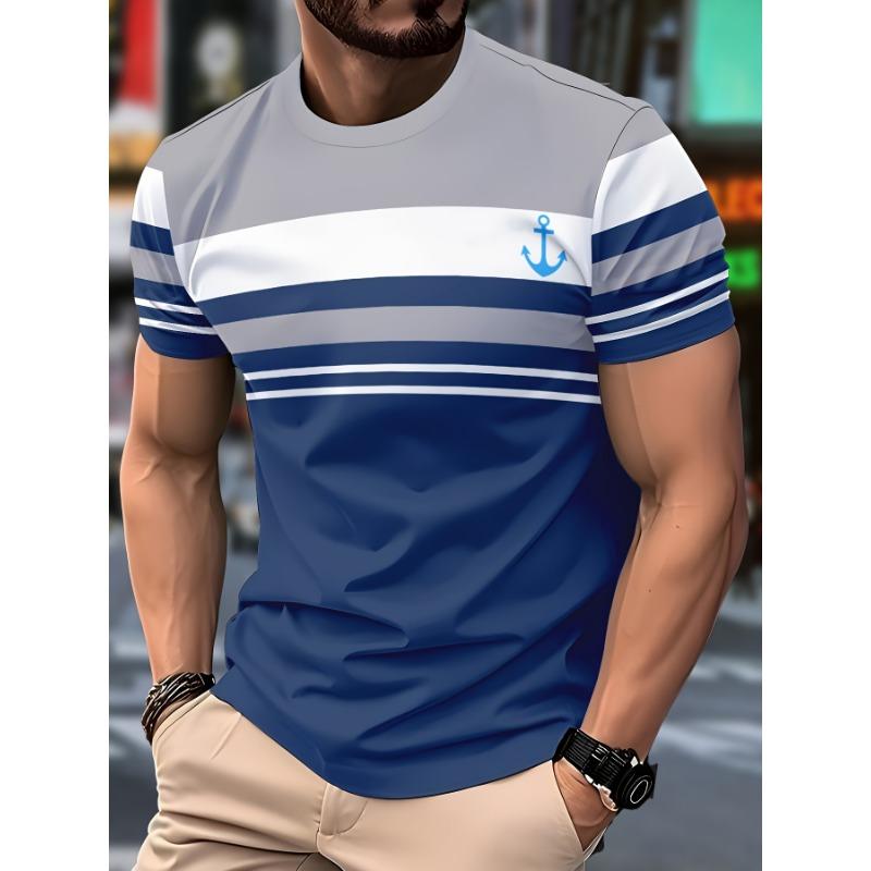 3D-Printed Color-Striped Men's T-Shirt Ship Anchor Pattern Short-Sleeve T-Shirt Harajuku Street Style Round-Neck T-Shirt Apparel