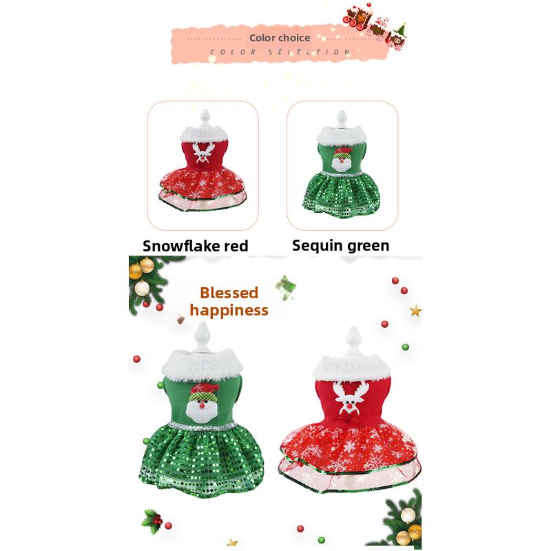 Sparkling Sequin Trimmed Pet Christmas Dress Classic Red Green Reindeer Tree Dog Clothes Festive Winter Holiday Outfit for Pet