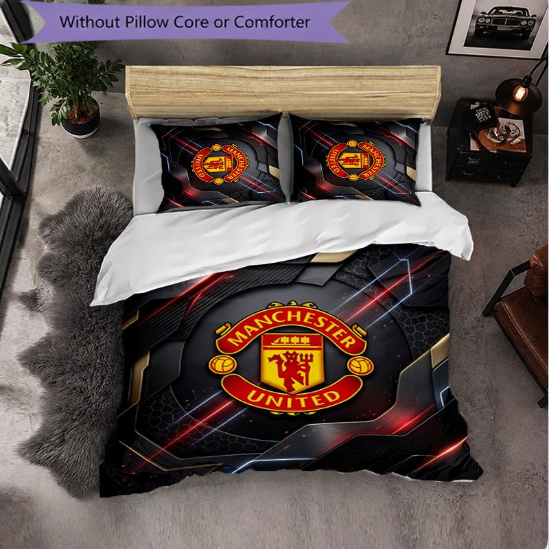 Manchester United Pattern 3 Pieces Bedding Set Soft Microfiber Duvet Cover with Pillow Cases for Bedroom