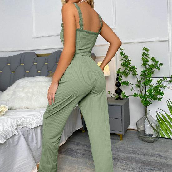 2 Pcs/Set Pants Top Suit Low-cut V Neck Sleeveless Solid Color Shirring Drawstring High Elastic Waist Lace Women Summer Pajamas Set Homewear Tank Top