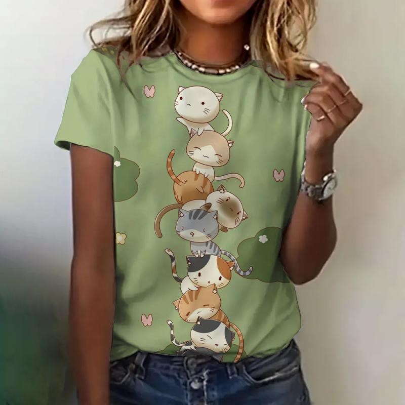 Cat Women Clothing Print Tshirt Summer Crew Neck Short Sleeve Loose Casual Top Cute Print Short Sleeve Womens Fashion Tshirt