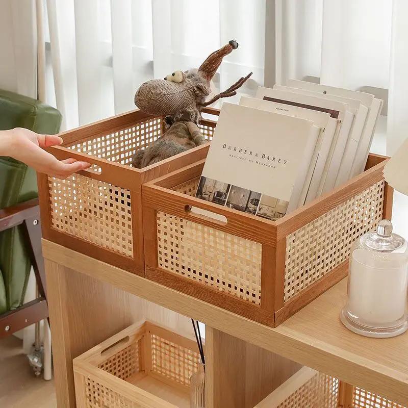 Caja de Almacenamiento Retro de Madera Maciza Cesta de Ratán de Escritorio Libros Aperitivos Fruta Cosméticos Cajas Organizadoras Hogar Baño Cocina Cesta