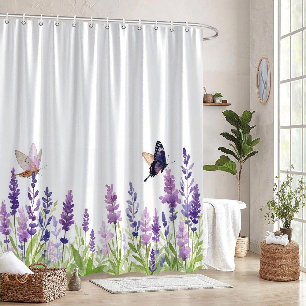 1 Watercolor Butterfly And Purple Flowers Shower Curtain - Tranquil Nature Scene With Hooks, Polyester Fabric, Machine Washable