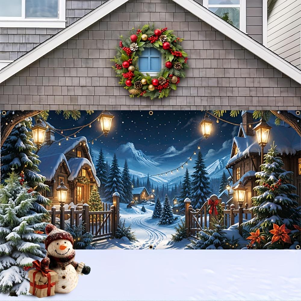 Christmas garage banner, polyester durable, Christmas tree, wooden house, string light pattern, winter celebration party