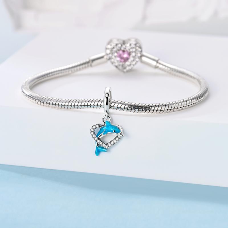 Echte Koperen Bedels Kralen Dolfijn Hart Hangers Passend voor Echte Armbanden Voor Vrouwen Doe-het-zelf Accessoires Cadeaus