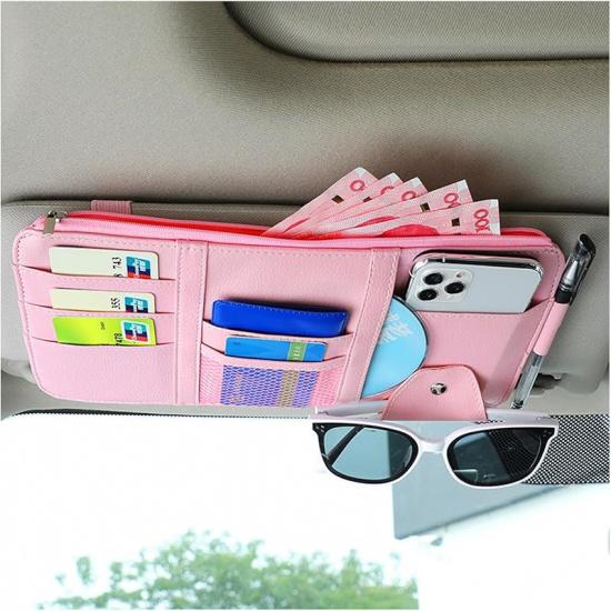 Augeny Car Sun Visor Organizer, Leather Personal Belonging Storage Pouch With Zipper, Car Visor Storage Pouch Sunglasses Holder, Auto Interior