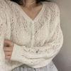 Women Spring Autumn Breathable V-neck Hollow Out Cardigan Long Sleeve Single Breasted Sweet Solid Color Thin Top