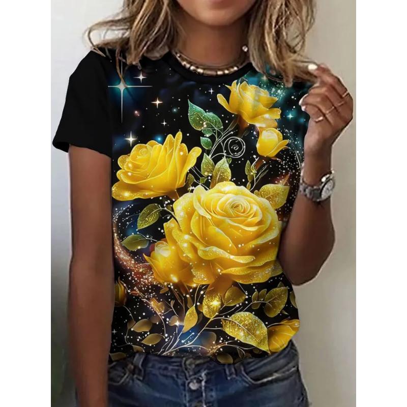 Mode Dames Ronde Hals T-shirt 3D Bloem Kleurprint Ronde Hals Korte Mouw