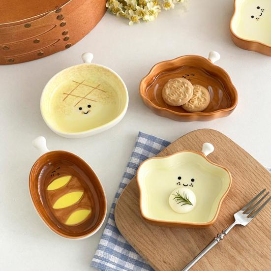 Yousheng Ceramic Dipping Dish Cute Bread Shape Small Sauce Plate for Sushi Hot Pot Snacks Microwave Dishwasher Safe Snack Plate for Home Party