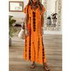 Orange Tie-dye V-neck Mid-length Dress, Brown Vertical Stripe Pattern, Suitable for Summer Beach Vacation Casual Wear