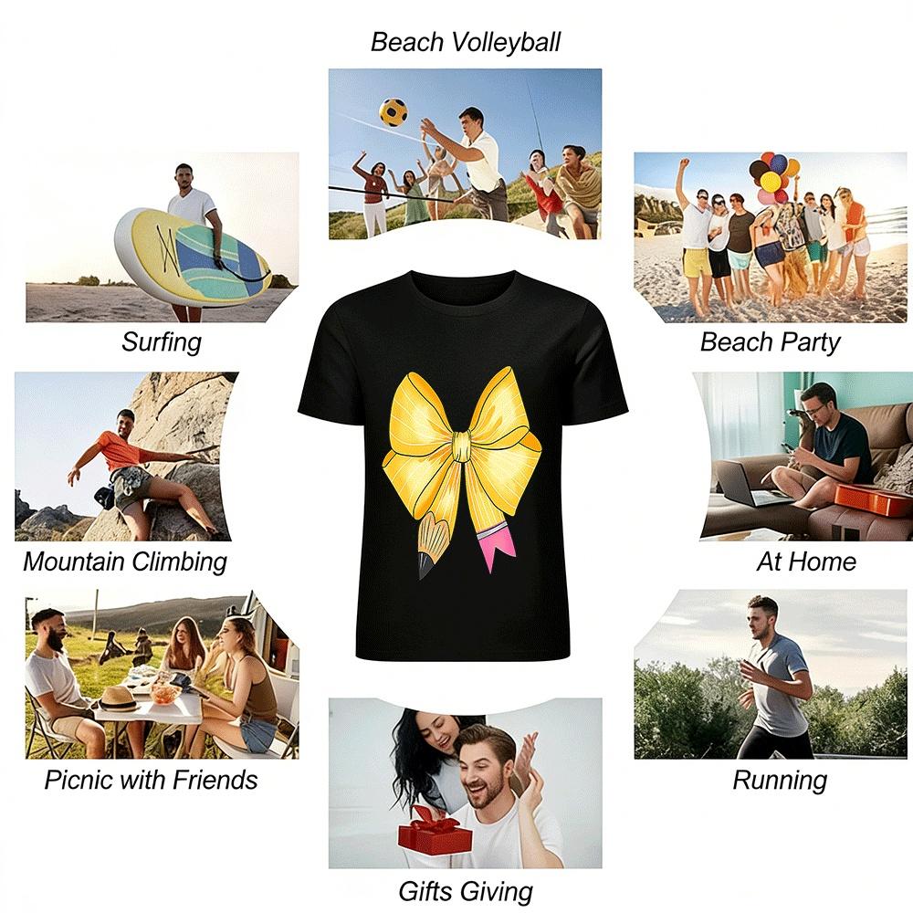 Cute Pencil Bow Print Casual Top Pure Cotton T-shirt