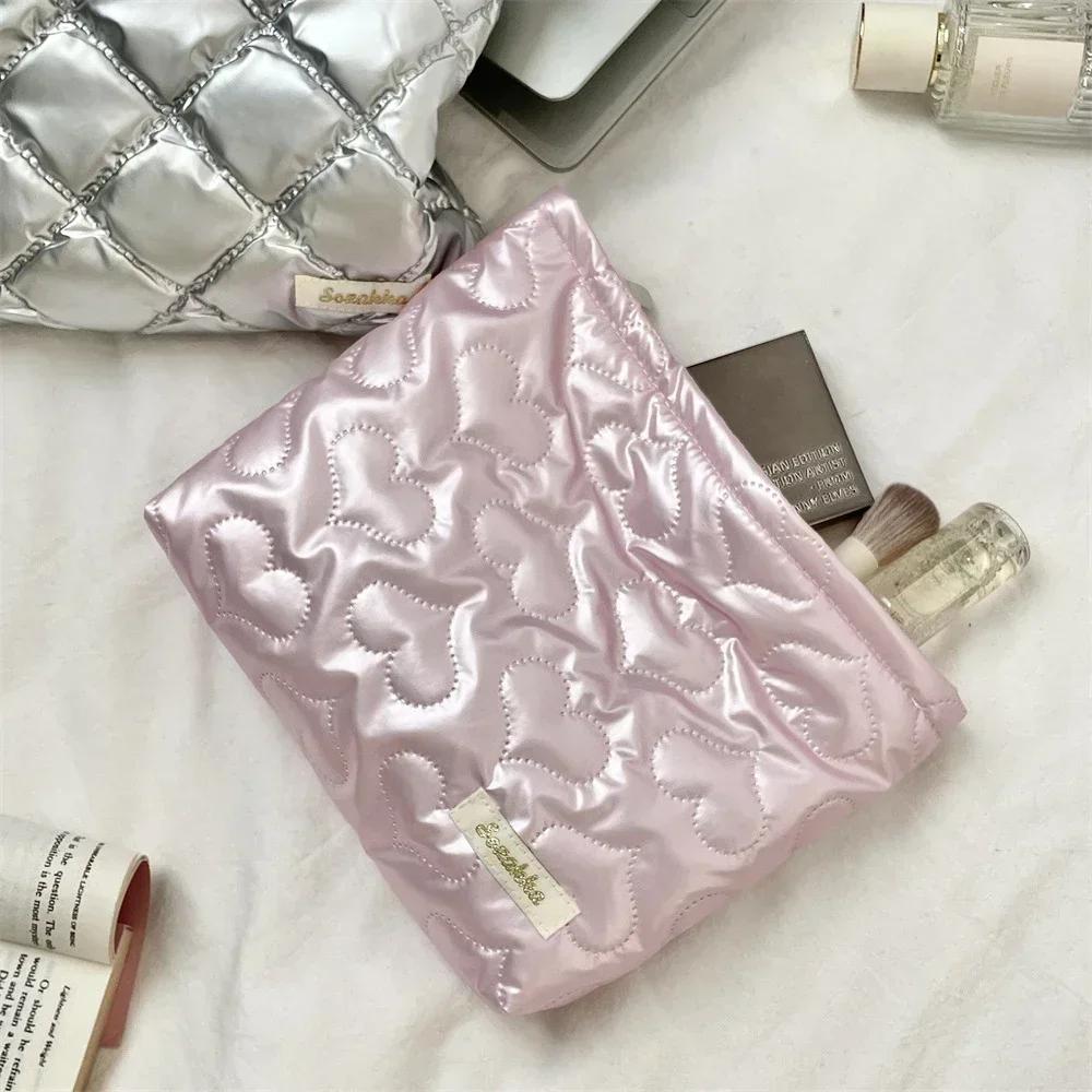 Quilted PU Love Bow Cosmetic Bag Skincare Products Pouch Pocket Multi-function Makeup Lipstick  Sanitary Napkin Storage Bag