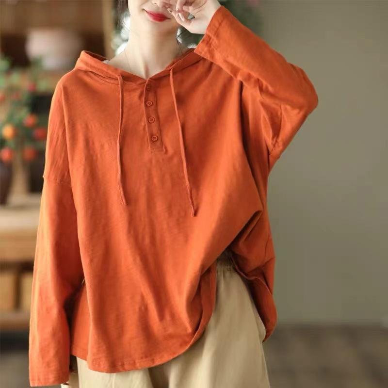 Women's Spring Vintage Hooded Pullover Fall Solid Color Loose Casual Long Sleeve Top