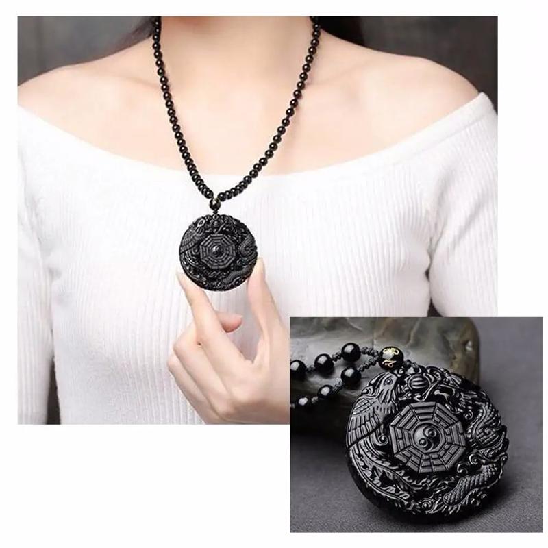 Přírodní černý obsidián ručně vyřezávaný čínský drak Phoenix Bird Amulet Bagua náhrdelník pro ženy Muži Přívěsek s maskotem štěstí