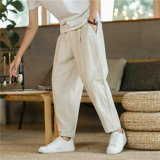 Men's Chinese Style Loose Fit Linen Nine-Point Summer Trousers