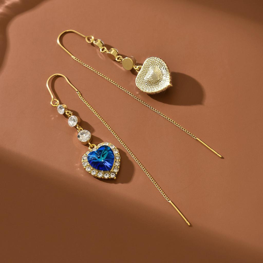14K Real Gold Electroplating, Blue Crystal Love Earphone Design, Advanced Sense Of Thin Heart-Shaped Fringed Temperament Earrings
