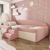 Tapicerowana Sofa Rozkładana, 90*190cm, Wielofunkcyjne Łóżko, ze Schodkami i Barierkami, Przyjazna dla Skóry Tkanina Aksamitna, bez Materaca, Różowy+Kremowy Biały