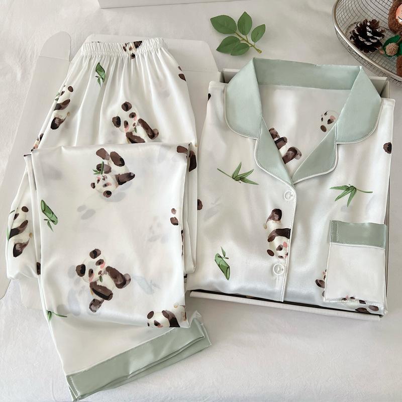Cute Panda Short-Sleeved Pajamas Women'S Summer Ice Silk Simple And Comfortable Loungewear Fashion Suit