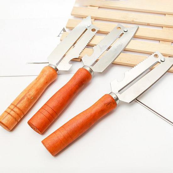 Vegetable Peeler with Wood Handle Multi-Function Bottle Opener Fish Scaler Fruit Potato Peeler for Pineapple Pumpkin Rust-Proof Essential Kitchen Tool