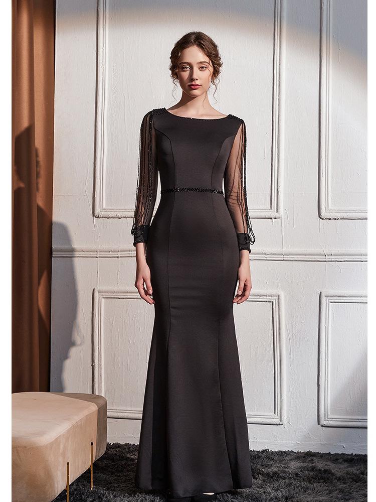 Elegant European Mesh Beaded Long Sleeve Hepburn Style Evening Party Gown
