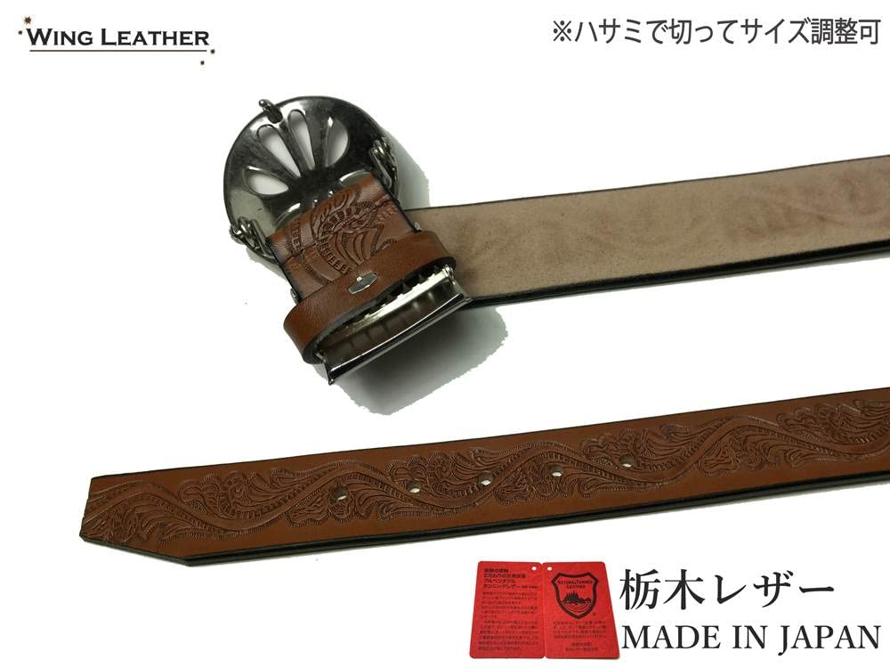 WING LEATHER Tochigi Leather Belt for Men, Genuine Leather, Casual, Made In Japan, Cowhide, Domestic, Stylish, Embossed, 40mm, M Size, Brown (w021)