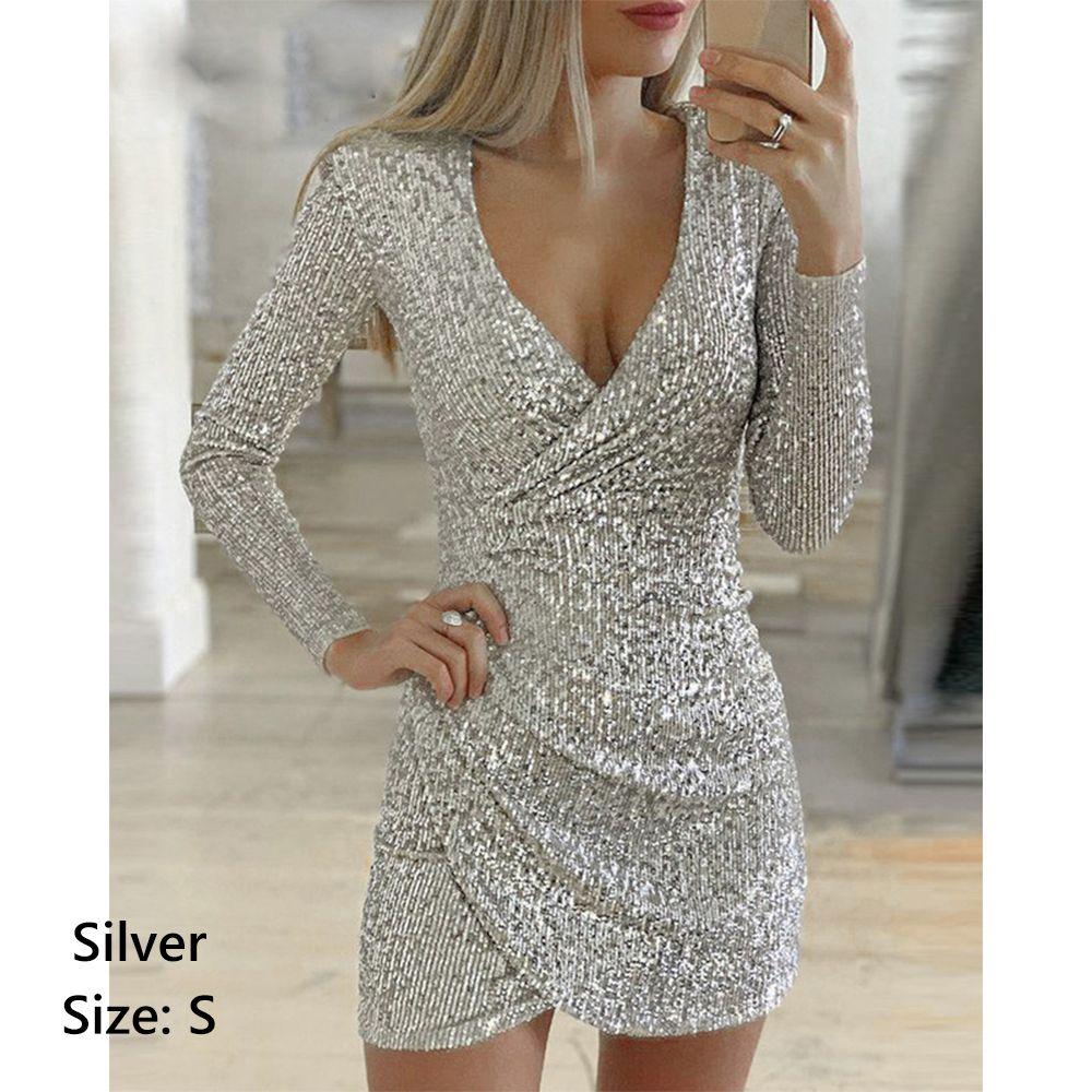 Bling Clubwear V-neck Bodycon Party Dress Sequin Mini Dress Party Evening Dresses Ball Gown