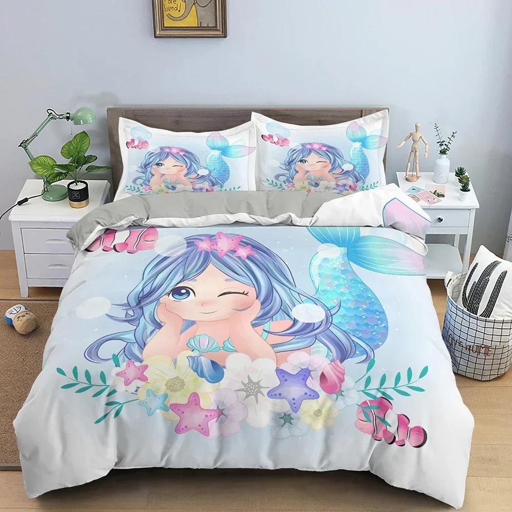 Set Biancheria da Letto Sirenetta Per Bambine Carino Cartone Animato Copripiumino Coperture Piumino Camera da Letto Bambini Matrimoniale Queen Size Tessile per la Casa 2/3 Pezzi