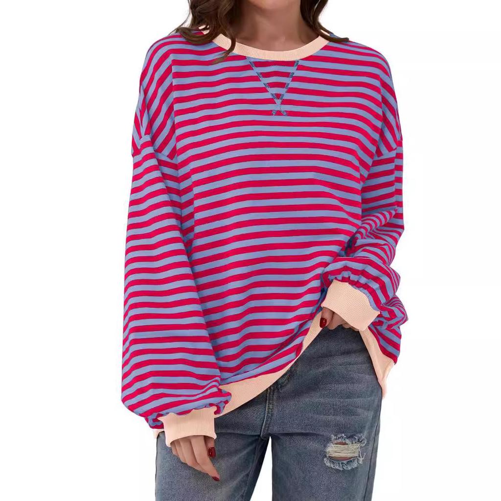 Oversized Sweatshirt for Women Spring Crew Neck Striped Long Sleeve Shirts Hoodies Preppy Top Y2K Outfits Casual Round Neck Pullover T-Shirt