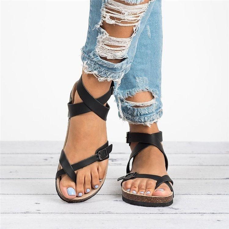Bequeme Damen Retro Flache Sandalen Zehenfrei Riemchensandalen für Lässige Sommer Hausschuhe