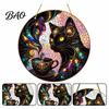 Decorative Craft Board Tag Moon Cat Halloween Window Hanging Decor, Mystical Black Round Sign Door Plaque for Indoor Outdoor Wall Art, Gothic