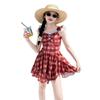 Girls Sleeveless Plaid Princess Dress Swimsuit Summer Beach One Piece Bathing Suit For Big Kids