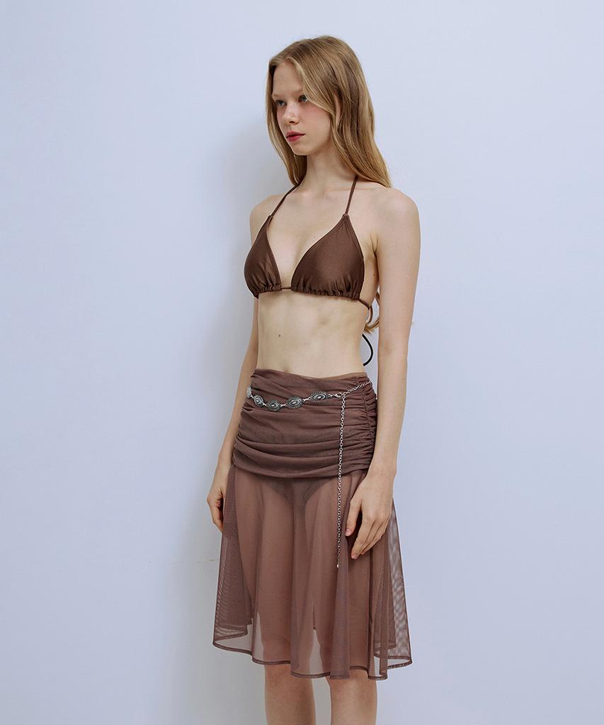 Pisis Solid Mesh Shirred Skirt_Brown
