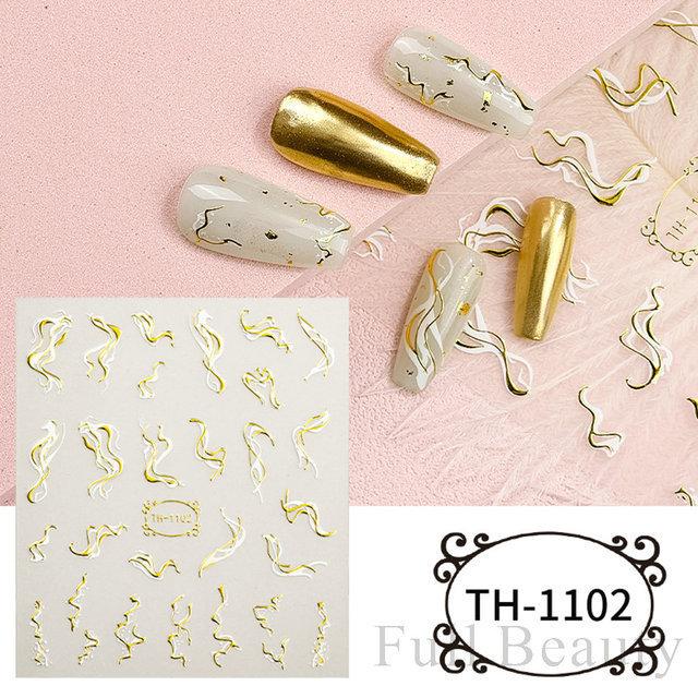 Autocollant 3D pour ongles, ligne ondulée dorée, marbre, géométrie bleue, fleurs abstraites, décalcomanies pour Nail Art, feuilles de décoration de manucure