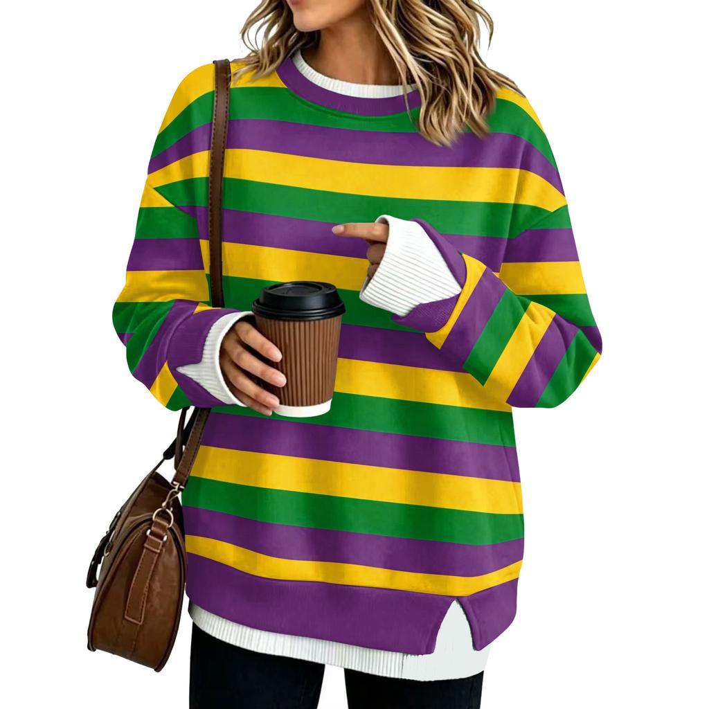 Women's Fashion Casual Striped Long Sleeve Sweatshirt Two-Piece Loose Fit Pullover Top