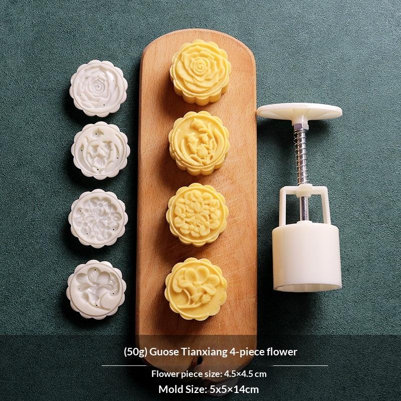 Plastic Hand Press Mooncake Mold No Oil Demold Needed with Multiple Pattern Stamps for Home Beginner Baking