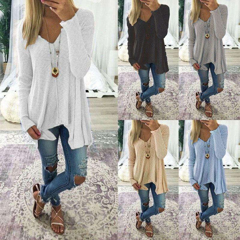 Elegant Plus Size Women Long Sleeve Loose Blouse With Baggy V Neck Tunic T Shirt