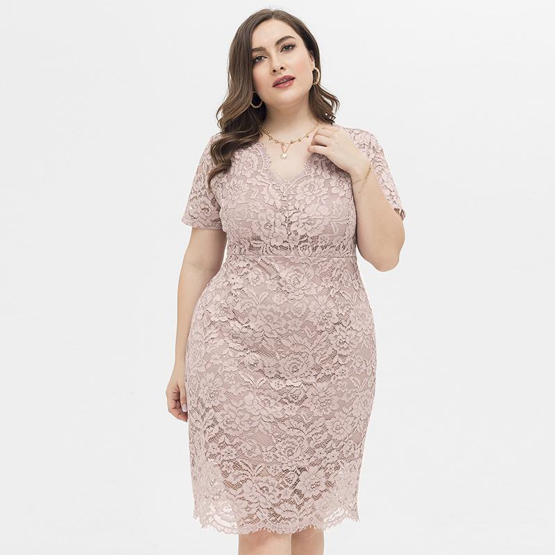 Women's Plus Size Relax Fit Shift Dress Floral Lace Scalloped V Neck Short Sleeve Midi Cocktail Party Wear Daily Work Office Occasion Outfits XL-4XL