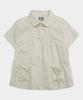 SOME PLACE Dot Layered Shirred Pocket Ribbon Strap Round Collar Short Sleeve Blouse Shirt [Ivory]
