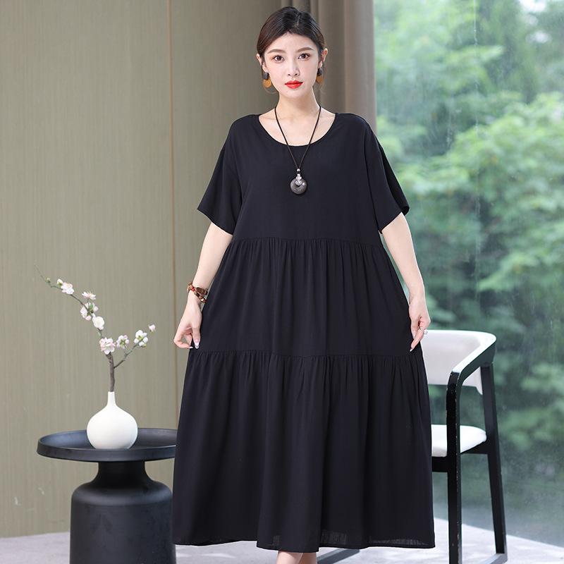 Women's Mid-length Dress,summer Dress for Mothers,cotton Silk Knee-length Dress,middle-aged Women's Dress,plus-size Short-sleeved Beach Dress Women