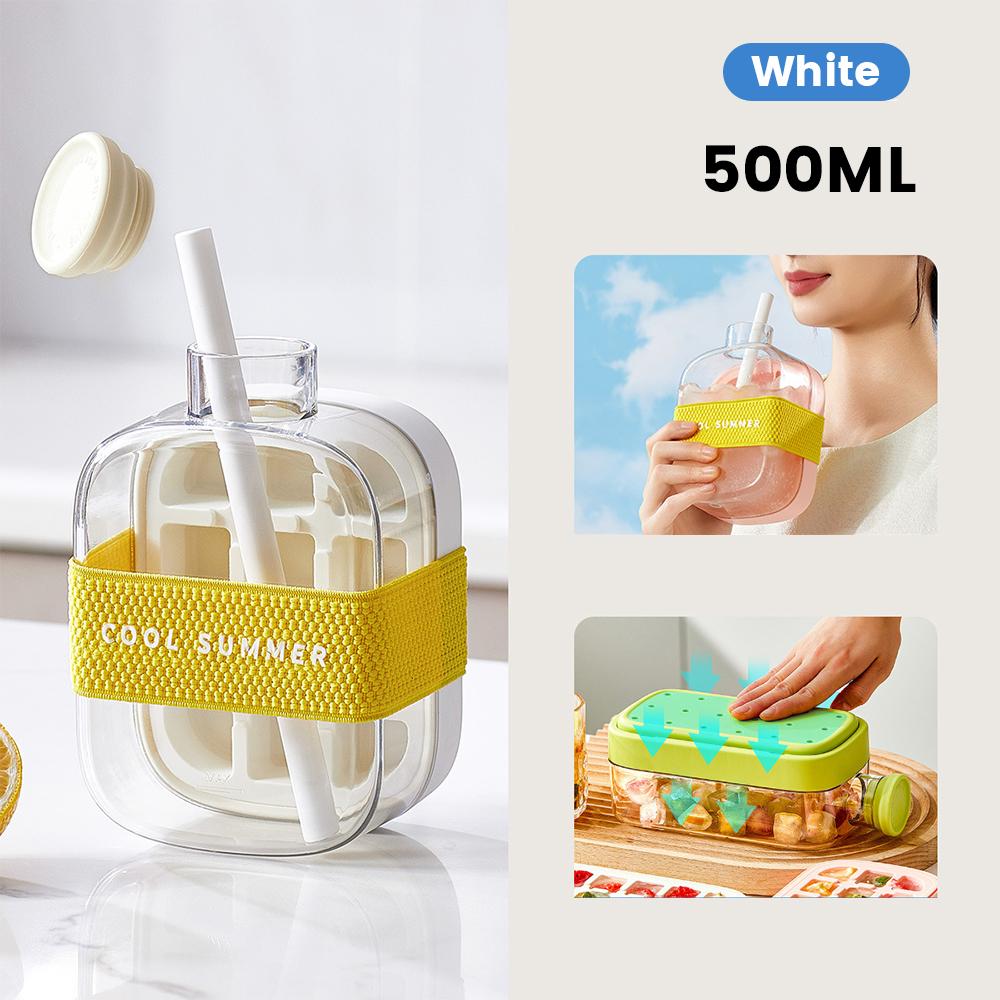 Press-To-Cold Ice Cube Mold&Kettle Silicone Ice Cube Tray With Lid Easy Demould NoTouch Lce Making Cup Straw Fitness Cup Outdoor