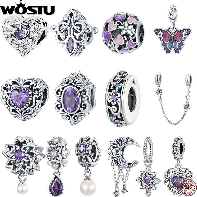 WOSTU 925 Silver Dreamy Purple Heart Charms Safety Chain Space Jewelry Beads Fit Bracelet DIY Bangle For Women