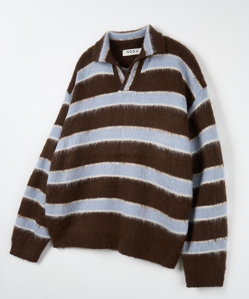 NODU Open Collar Striped Brush Knit [Brown]