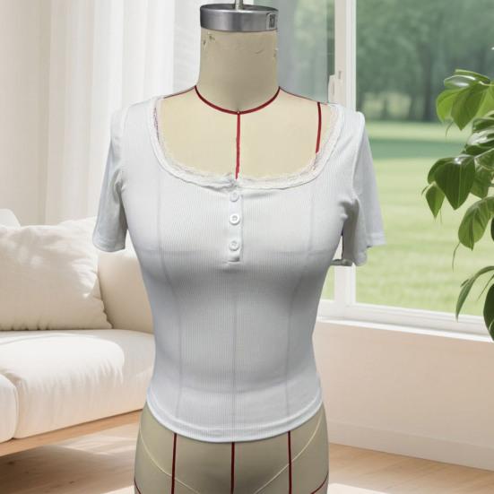 Women Tops Slim Fit Square Neck Rib Knitted Shirt Pure Color Short Sleeve Lace Splicing Stretchy Tops with Buttons Detail Daily