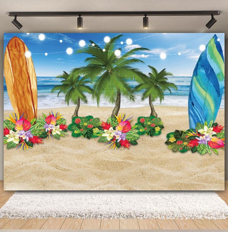 Tropical Beach Backdrop for Photography Summer Hawaii Blue Ocean Wave Seaside Palm Tree Kid Holiday Party Photo Background Decor