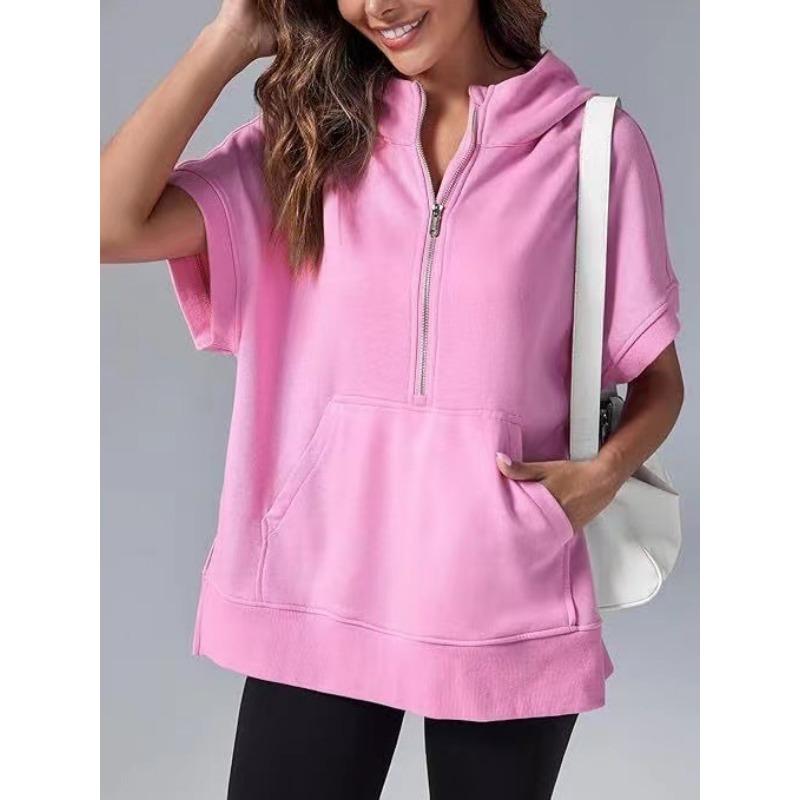 Dames Lente Nieuwe Effen Kleur Casual Korte Mouw Capuchon Sweatshirt