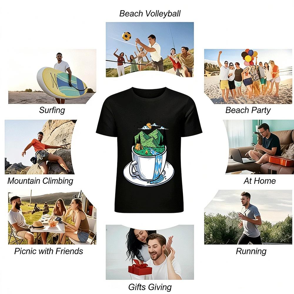 Outdoor Camping Mountain Waterfall Coffee Cup Graphic Casual T-Shirt Pure cotton T-shirt