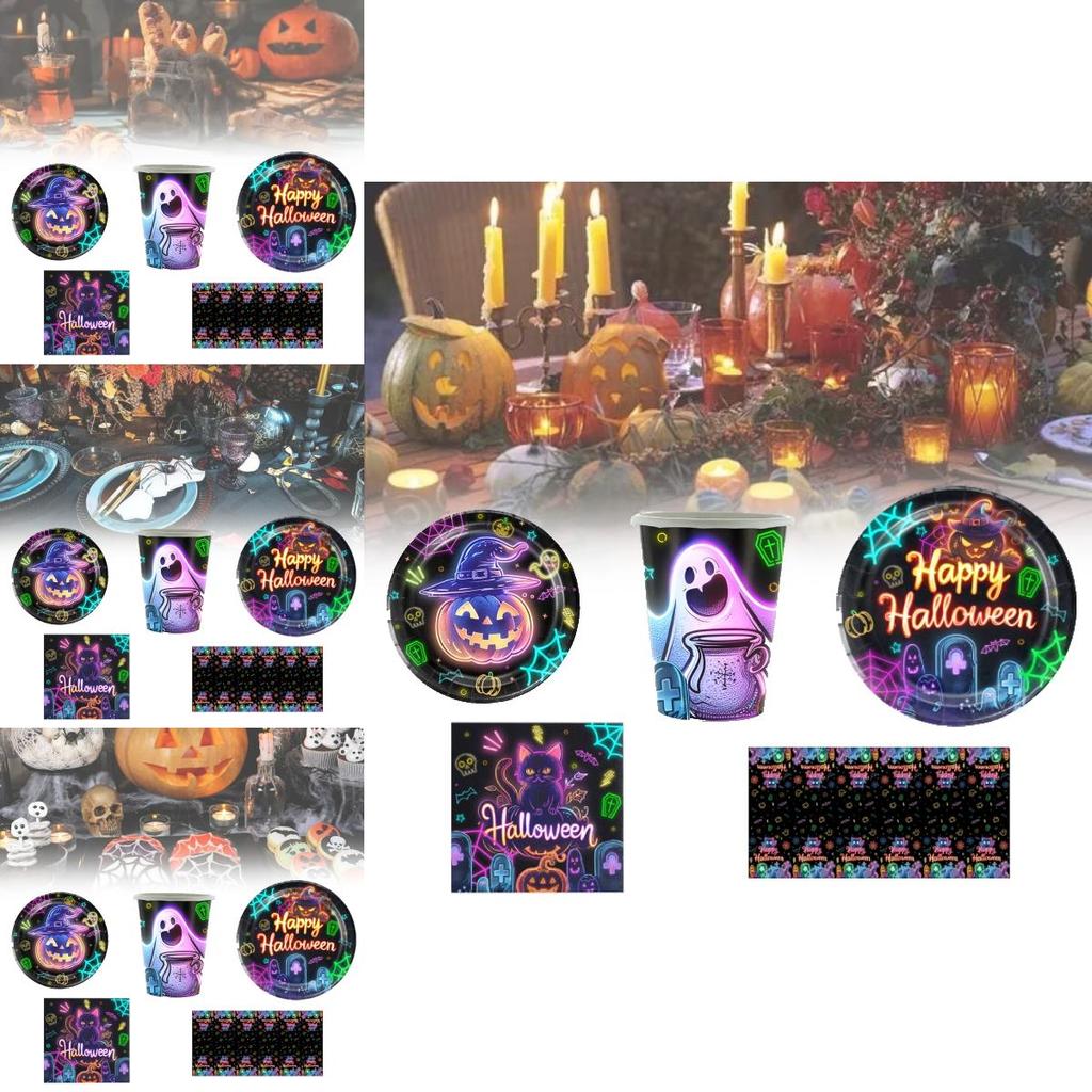 Eye-catching Halloween Glow In The Dark Disposable Party Supplies Set For 12 With Plates Cups Napkins And Table Cover