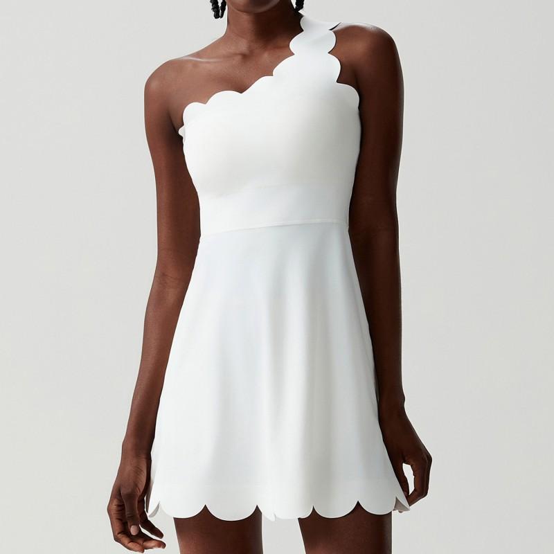 Womens One-Shoulder Wave-Trimmed Sporty Tennis Jumpsuit With Liquid Glue Waist Support Quick-Dry Fitness Bodysuit Gym Running
