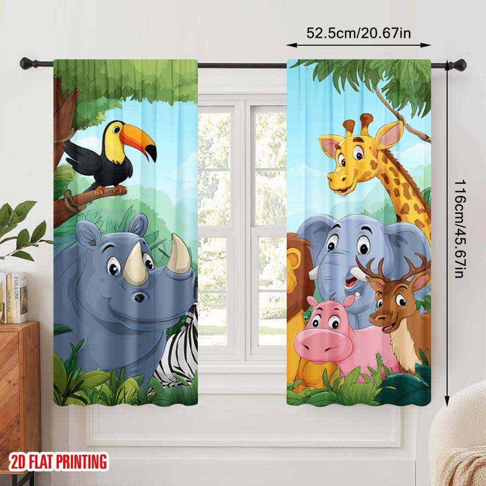 Set Of 2 Flat Printing Party Curtain Cute Cartoon Safari Animals Polyester Without Electricity Festive Holiday Perfect Home