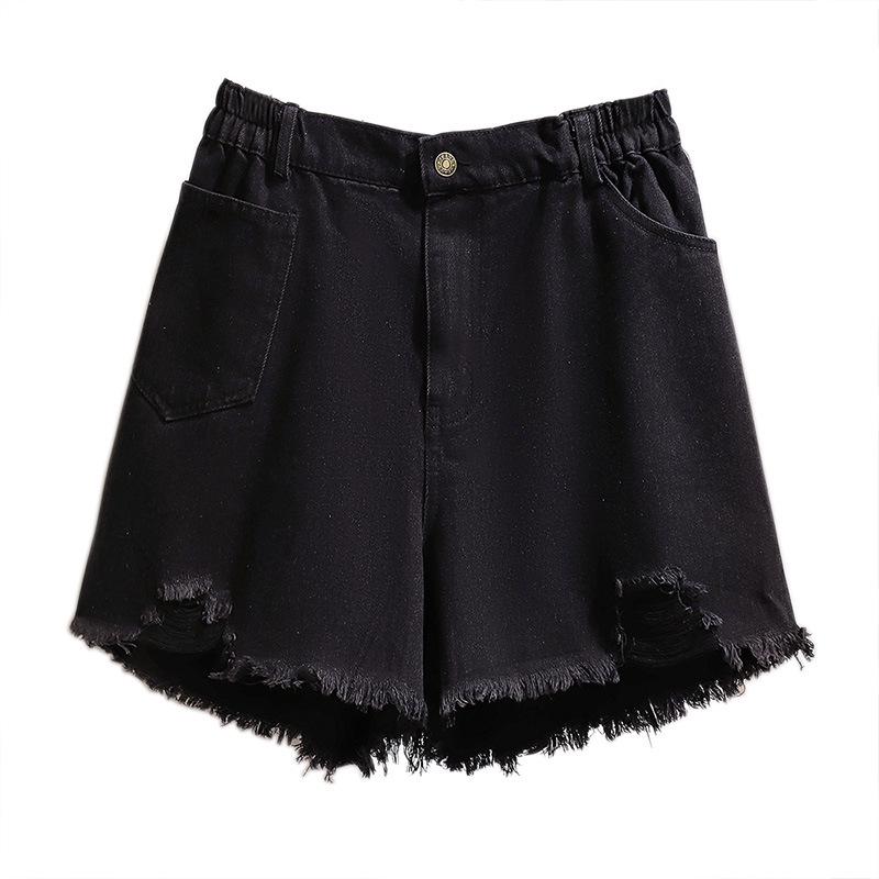Plus Size Damshorts i Riven Denim med Hög Midja - Sommar Lös Wide Leg
